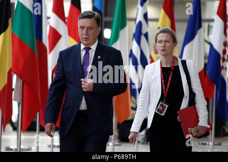 Bruxelles, Belgique le 28 juin 2018. Premier Ministre de Lettonie, Maris Kucinskis arrive pour une réunion avec les dirigeants de l'Union européenne. Banque D'Images