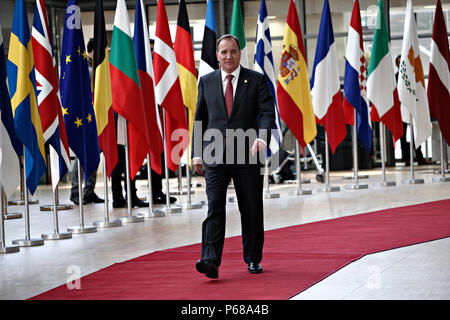 Bruxelles, Belgique Le Jun. 28, 2018.Premier Ministre de Suède, Stefan Lofven arrive pour une réunion avec les dirigeants de l'Union européenne. Banque D'Images