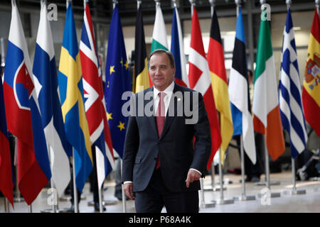 Bruxelles, Belgique Le Jun. 28, 2018.Premier Ministre de Suède, Stefan Lofven arrive pour une réunion avec les dirigeants de l'Union européenne. Banque D'Images