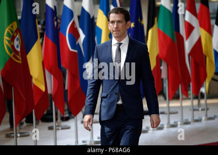 Bruxelles, Belgique le 28 juin 2018. Premier Ministre de l'Autriche Sebastian Kurz arrive pour une réunion avec les dirigeants de l'Union européenne. Banque D'Images