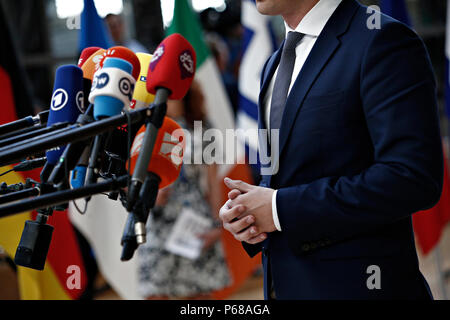 Bruxelles, Belgique le 28 juin 2018. Premier Ministre de l'Autriche Sebastian Kurz arrive pour une réunion avec les dirigeants de l'Union européenne. Banque D'Images