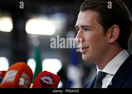 Bruxelles, Belgique le 28 juin 2018. Premier Ministre de l'Autriche Sebastian Kurz arrive pour une réunion avec les dirigeants de l'Union européenne. Banque D'Images