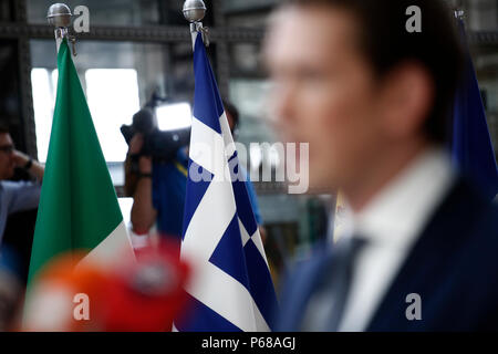 Bruxelles, Belgique le 28 juin 2018. Premier Ministre de l'Autriche Sebastian Kurz arrive pour une réunion avec les dirigeants de l'Union européenne. Banque D'Images