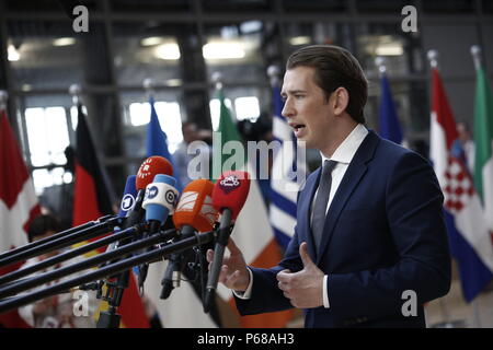 Bruxelles, Belgique le 28 juin 2018. Premier Ministre de l'Autriche Sebastian Kurz arrive pour une réunion avec les dirigeants de l'Union européenne. Banque D'Images