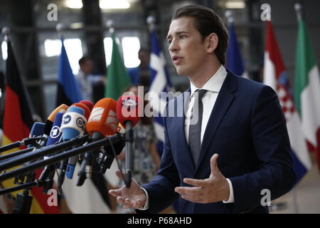 Bruxelles, Belgique le 28 juin 2018. Premier Ministre de l'Autriche Sebastian Kurz arrive pour une réunion avec les dirigeants de l'Union européenne. Banque D'Images