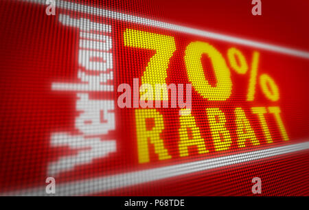 Vente Verkauf (en allemand) 70  % titre sur grand écran LED. Les messages promotionnels 3d illustration. Banque D'Images