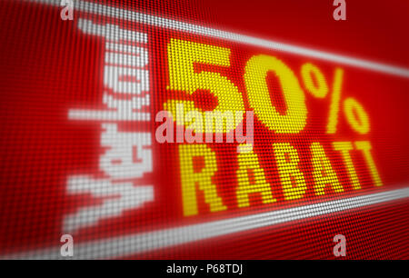 Vente Verkauf (en allemand) 50  % titre sur grand écran LED. Les messages promotionnels 3d illustration. Banque D'Images