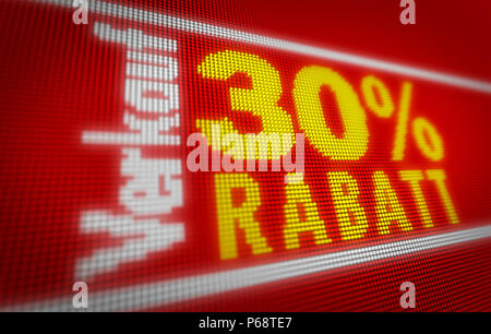 Vente Verkauf (en allemand) 30  % titre sur grand écran LED. Les messages promotionnels 3d illustration. Banque D'Images