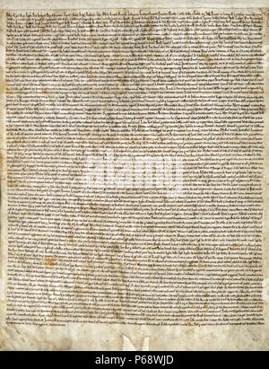 Magna Carta (Grande charte en latin), était la Grande Charte des libertés d'Angleterre, publié initialement en latin. Il a été scellé sous serment par le roi Jean à Runnymede, sur la rive de la Tamise 15 juin 1215. La Grande Charte a été le premier document imposé à un roi d'Angleterre par un groupe de ses sujets, les barons féodaux, dans une tentative de limiter ses pouvoirs par la loi Banque D'Images