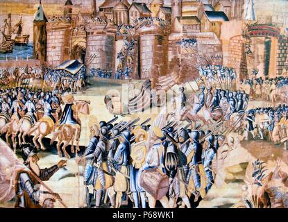 Tapisserie représentant le siège de La Rochelle de 1572-1573. assaut militaire sur la ville huguenote de La Rochelle par les troupes catholiques au cours de la quatrième phase de la Guerres de Religion, à la suite de l'août 1572 massacre de la Saint-Barthélemy Banque D'Images