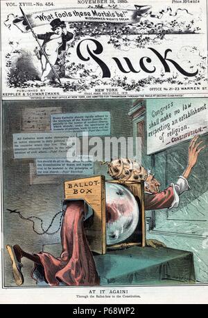 Encore une fois ! Par Eugene Zimmerman, 1862-1935, l'artiste en 1885. L'illustration montre le Pape Léon XIII par escalade une urne dans un effort pour se rendre à l'un signe sur le mur qui indique : "Le Congrès ne fera aucune loi concernant l'établissement de la religion - Constitution' ; Banque D'Images