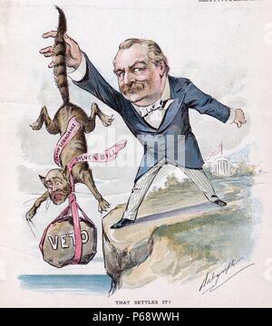 Qu'il s'installe ! 1894 imprimer montre le président Cleveland tenant un chat par la queue, il a étiqueté "rubans d'argent de seigneuriage Bland Bill' ; Cleveland a utilisé les rubans pour attacher une pierre portant la mention "Veto" pour le chat, qu'il tombe sur une falaise. Banque D'Images