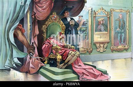 Ce sera une explosion interne par Udo Keppler, 1872-1956, artiste 1898. montre l'enfant roi Alfonso XIII comme une marionnette en bois affaissé sur sur le "Trône de l'Espagne' avec un prêtre debout à côté de lui, et sur les murs à droite sont portrait peintures de 'Charles V, Ferdinand et Isabelle, [et] Philip II'. Sur la gauche, un bras marqués 'Accueil' émeutes atteint par les rideaux avec un chalumeau pour allumer une bombe marqués 'anarchie' à côté du trône. Banque D'Images