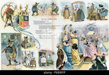 L'ancien régime colonial dames par Samuel Ehrhart, environ 1862-1937, artiste ; publié en 1899. cartoon avec des scènes de l'époque coloniale américaine hommes et femmes qui travaillent au niveau national et les cols bleus corvées et l'emploi, conduisant à une scène avec les femmes de la classe supérieure, tenant chacun un 'arbre de famille'. Banque D'Images