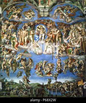 Détail d'une grande fresque intitulée "Le Jugement dernier" peint par Michel-Ange (1475-1564) sculpteur, peintre, architecte, poète et ingénieur de la haute Renaissance. En date du 16e siècle Banque D'Images
