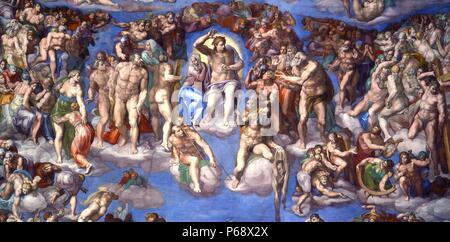 Détail d'une grande fresque intitulée "Le Jugement dernier" peint par Michel-Ange (1475-1564) sculpteur, peintre, architecte, poète et ingénieur de la haute Renaissance. En date du 16e siècle Banque D'Images
