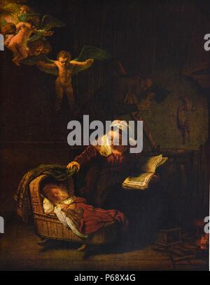 La peinture intitulée "La sainte famille avec des Anges' d'un artiste inconnu. En date du 17e siècle Banque D'Images