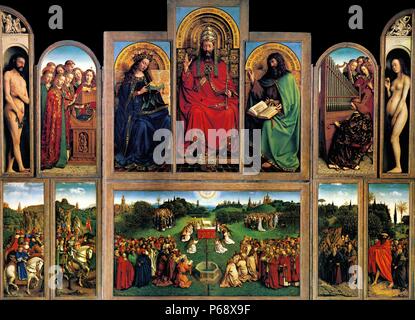 Le retable de Gand, ouvert, en date du 1430. Créé par Jan van Eyck (1395-1441), début de la peinture flamande polyptyque de bord. En date du 15e siècle. Banque D'Images