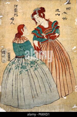 Gravure sur bois japonaise coloriés à la main. Image montre deux figures féminines japonaises dans l'ouest de robes, peut-être le néerlandais conçu. Datée 1861 Banque D'Images