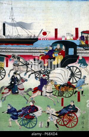 Gravure sur bois japonaise coloriés à la main. L'image montre une longue scène de rue, près du port de Takanawa, Tokyo. Dans le premier plan est un certain nombre de personnes, voitures à cheval les chevaux et les pousse-pousse, pendant qu'en arrière-plan une variété de navires à quai du port. Du c1871 Banque D'Images