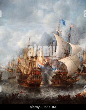Peinture de la bataille de Terheide combattu une guerre maritime avec l'Angleterre. Peint par Abrahamsz Beerstraten (1622-1666). En date du 17e siècle Banque D'Images