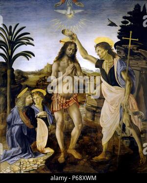 La peinture intitulée "Le Baptême du Christ", peint par Andrea del Verrocchio (1436-1488) peintre italien. En date du 15e siècle Banque D'Images