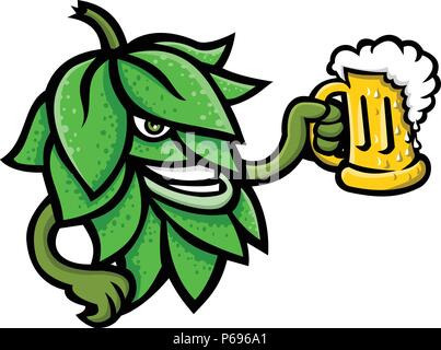 Icône mascotte illustration de une bière le houblon, fleur ou des cônes ou strobiles de l'houblon de boire une chope de bière vu de côté sur la zone isolée Illustration de Vecteur