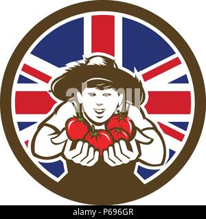 Style rétro icône illustration d'une production biologique britannique agriculteur tomate avec Royaume-uni UK, Grande-Bretagne Union Jack drapeau est défini à l'intérieur du cercle Illustration de Vecteur