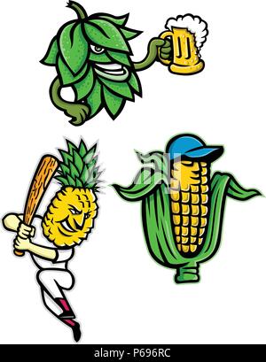 L'icône illustration mascotte ensemble de fruits et légumes comme une bière houblon mug potable d'ale, un épi de maïs ou de maïs portant une casquette de baseball et un ananas Illustration de Vecteur