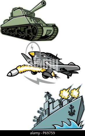 L'icône illustration mascotte ensemble de la Seconde Guerre mondiale, 2 véhicules militaires comme l'American M4 Sherman, le char moyen Junkers Ju 87 Stuka ou bombardier en piqué allemand Illustration de Vecteur