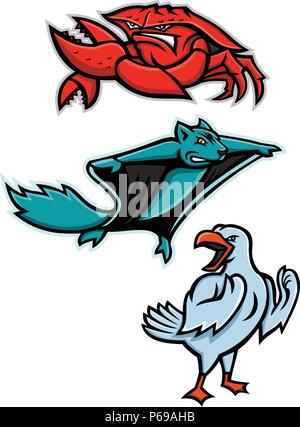 L'icône illustration mascotte ensemble d'animaux sauvages en colère comme le crabe royal rouge ou des terres du crabe, le grand polatouche et gull mouette ou isolées sur des b Illustration de Vecteur