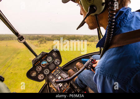 Jock au bâton de contrôle de son hélicoptère Robinson R44 Raven dans le territoire du Nord, en Australie Banque D'Images