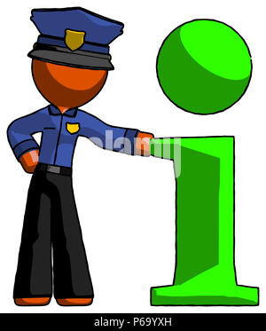 L'homme de la police d'orange avec symbole info appuyé contre elle. Banque D'Images