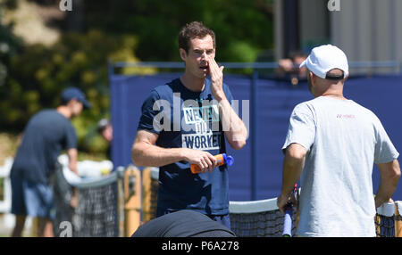 Andy Murray de Grande-Bretagne s'applique de la crème solaire sur le cours pratique aujourd'hui au cours de la vallée de la nature le tournoi international de tennis du Devonshire Park à Eastbourne East Sussex UK. 26 Juin 2018 Banque D'Images