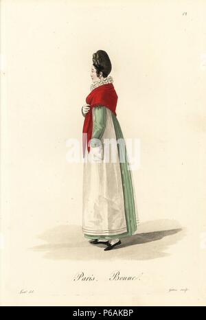 Femme de chambre, Paris, début du xixe siècle, dans la dentelle, col châle écarlate, tablier blanc et vert. La gravure sur cuivre coloriée par Gatine après une illustration par Louis-Marie lante de 'Ouvrieres de Paris' (métier de Paris), Paris, 1823. Banque D'Images