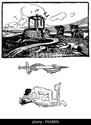 Des éléments art déco décoration typographique début '900 : paysage stylisé,sword et serpent, figure humaine comme bannière, frontière et fin chapitre décoration Banque D'Images