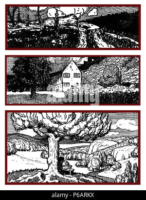 Des éléments art déco décoration typographique début '900 : 3 paysages stylisés comme bannière, frontière et fin chapitre décoration Banque D'Images