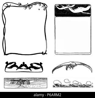 Des éléments art déco décoration typographique début '900 : 2 images nature stylisée avec des oiseaux, 4 frontières avec paysages et faune en tant que chapitre décorations, vignettes et templates Banque D'Images