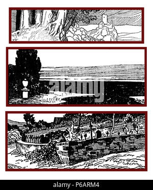 Des éléments art déco décoration typographique début '900 : 3 paysages stylisés comme bannière, frontière et fin chapitre décoration Banque D'Images