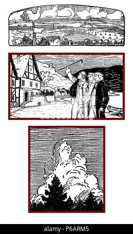 Des éléments art déco décoration typographique début '900 : 3 vignettes stylisées avec les paysages,les nuages, la vie rurale, des figures humaines, les randonneurs comme bannière, frontière et fin chapitre décoration Banque D'Images