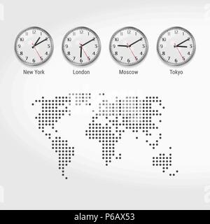 Les fuseaux horaires du monde des horloges. Heure actuelle dans les grandes villes. Heure locale à travers le monde. La carte à points du monde. Vector Art Illustration de Vecteur