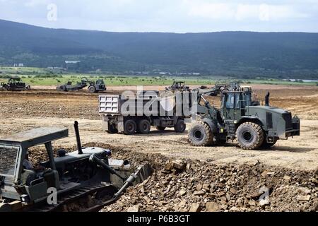 Des soldats de la 913th Engineering Company, 194th Engineer Brigade, de la Garde nationale de l'armée du Tennessee, ont utilisé des bulldozers, des camions à benne basculante et des pelles hydrauliques pour construire une zone de stockage de munitions et un champ de tir de chars dans la zone d'entraînement de Novo Selo, Bulgarie, le 31 mai 2016, lors de l'opération Resolute Castle. L'opération a impliqué des membres de l'armée, de la marine et de l'armée de l'air américaines travaillant ensemble sur des projets de construction en Estonie, en Hongrie, en Bulgarie et en Roumanie, démontrant une coordination multinationale, capacités de génie militaire et soutien à la préparation opérationnelle. Banque D'Images