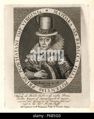 Plus tard, Pocahontas Matoaka, Rebecca Rolfe, fille de la puissante Powharan Attanoughkomouck, Empereur du, ou de la Virginie, et épouse de John Rolfe, mort 1617. À partir d'un curieux imprimer par Simon de passe dans le Smith's 'l'histoire de la Virginie." gravure sur cuivre de Richardson's 'portraits illustrant Granger's Biographical History of England, Londres, 1792-1812. Publié par William Richardson, printseller, Londres. James Granger (1723-1776) était un pasteur anglais, biographe, et imprimer collecteur. Banque D'Images