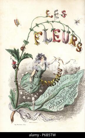 Page de titre avec une illustration de fleur fée sur une fleur debout tenant un ruban. Gravure coloriée par C. Geoffrois après une illustration par Jean Ignace Isidore Grandville de 'Les Fleurs Animees,' Paris, Gabriel de Gonet, 1847. Banque D'Images