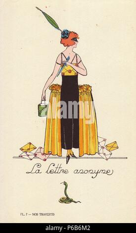 Femme à la lettre anonyme (La lettre anonyme) costume, avec masque, inkwell hat, plume et enveloppe corsage. Elle porte un seau de venin de serpent. Lithographie de Artiste inconnu avec pochoir pochoir handcoloring de 'Nos Travestis" (Notre Fancy Dress Costumes), Paris, 1928. Banque D'Images