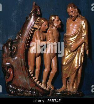 ARTE GOTICO. ESPAÑA. Siglo XIV. Retable DE LA VIERGE DE LA ESTRELLA. Obra gótica realizada en el siglo XIV. Detalle de la puerta derecha del retablo con la representación de la 'VISITA DE NUESTRO SEÑOR AL LIMBO'. Catedral de Tortosa. Comarca del Baix Ebre. Provincia de Tarragone. Cataluña. Banque D'Images