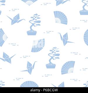 Modèle intégré de bonsaï, origami grues de papier, fans. Voyages et loisirs. Éléments de conception traditionnelle du Japon. Illustration de Vecteur
