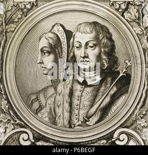 Les Rois Catholiques, Isabelle I (1451-1504) et Ferdinand II (1452-1516). La gravure. Banque D'Images