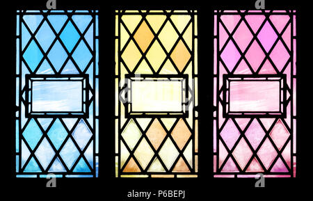 Triptyque d'un ancien vitrail, avec les pans d'aperture. Petit détail répétée en trois versions de couleur, avec l'espace pour le texte ou inse Banque D'Images