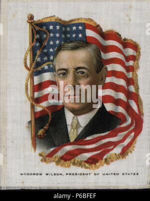 Thomas Woodrow Wilson (1856-1924), vigésimo octavo presidente de los Estados Unidos de América del Norte. Retrato y bandera impresos sobre tela. Años 1920. Banque D'Images